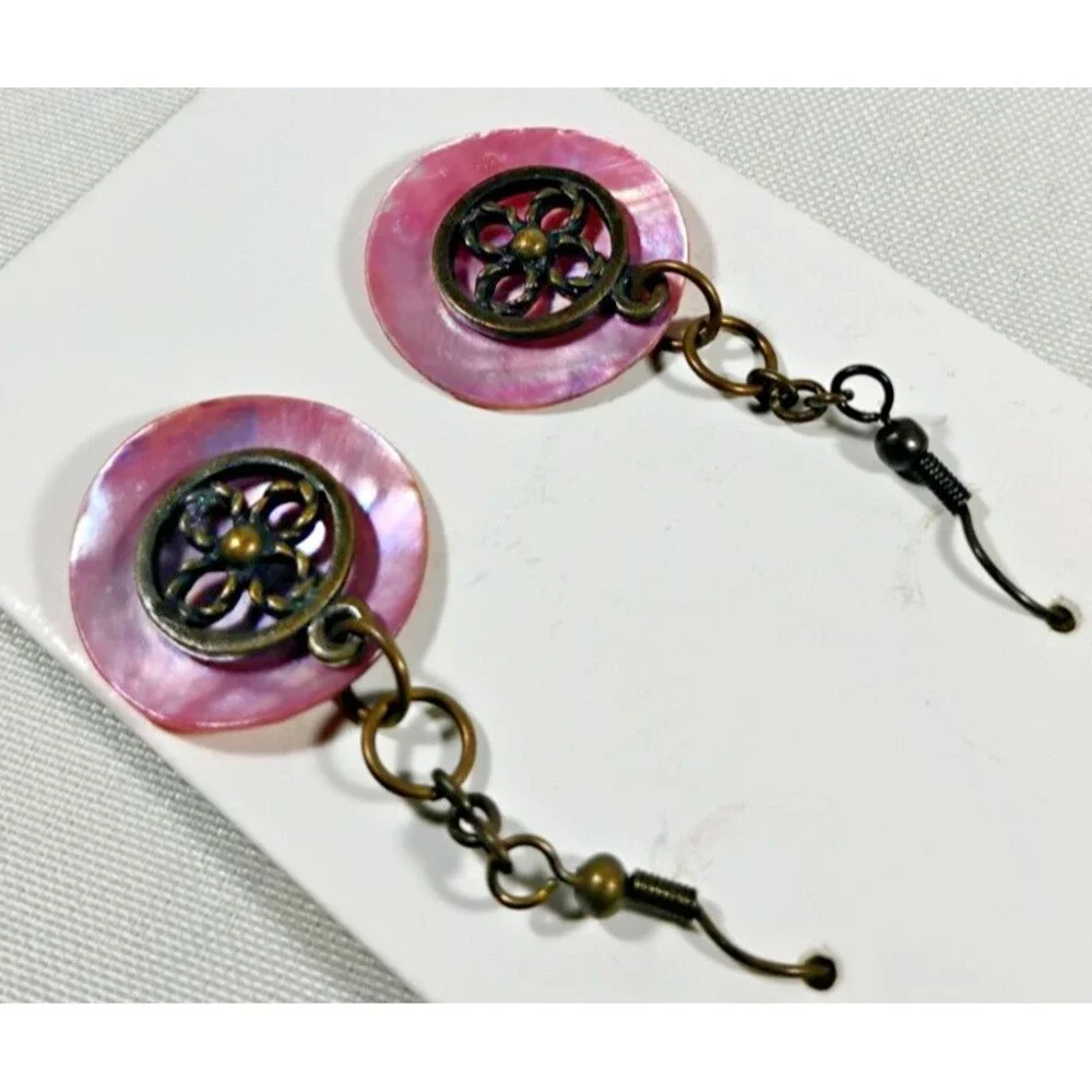 Vintage Dangle Earrings Pink Mother of Pearl Disc Brass Filigree Floral Charm